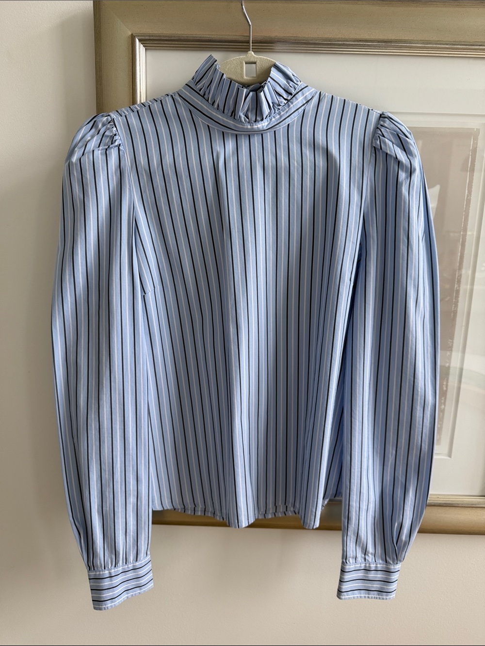 Frame Denim Light Blue and White Striped Ruffled Neck Blouse